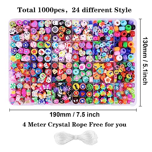 1000PCS Polymer Clay Beads Bracelet Making kit, 24 Style Cute Fun Beads Fruit Flower Animal Cake Butterfly Heart Beads Charms for Jewelry Necklace Earring Making DIY Accessories for Women Girls