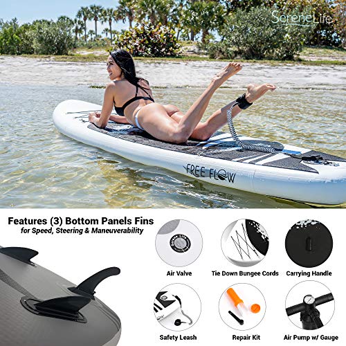 SereneLife Inflatable Stand Up Paddle Board - 10’ Ft. Standup Sup Paddle Board W/ Manual Air Pump, Safety Leash, Paddleboard Repair Kit, Storage / Carry Bag - Sup Paddle Board Inflatable - SLSUPB06