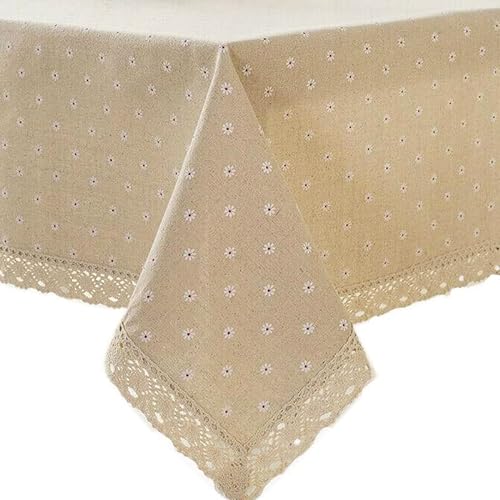 Rectangle Square Tablecloth Table Cover Flower Pattern Dining Table Cloth - Linen Cotton Dining Table Cover with Delicate Lace Edging