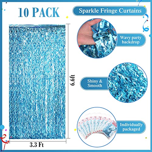 10 Pieces 3.3 x 6.6 Ft Foil Fringe Backdrop Wavy Tinsel Fringe Curtain Party Fringe Curtain Streamer Backdrop for Halloween 80s 90s Disco Ocean Sea Mermaid Birthday Wedding Party (Blue)