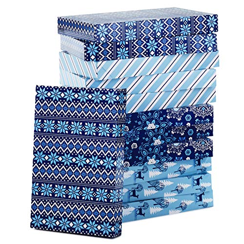Hallmark Medium Boxes with Lids (12 Shirt Boxes, 4 Designs: Snowflakes, Stripes, Sweater Pattern, Reindeer) for Christmas, Hanukkah, Holiday Parties, Hostess Gifts