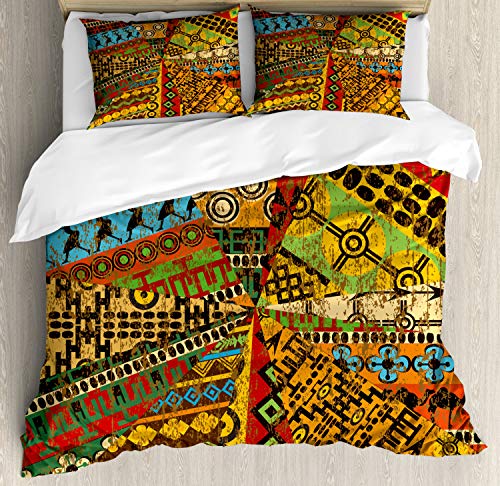 Ambesonne African Duvet Cover Set, Grunge Collage Motifs Traditional Art Ornate Geometric, Decorative 3 Piece Bedding Set with 2 Pillow Shams, California King, Yellow Orange