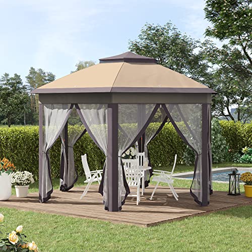 Outsunny 13' x 13' Pop Up Gazebo, Hexagonal Canopy Shelter with 6 Zippered Mesh Netting, Event Tent with Strong Steel Frame for Patio Backyard Garden Wedding Party