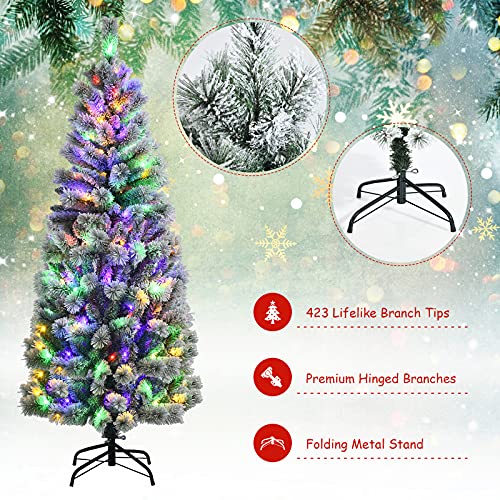 Costway 1.8M/6 ft Pre-lit Snow Flocked Christmas Tree with 9 Lighting Modes and Color Changing LED Lights, Artificial Xmas Hinged Tree with Remote Controller, Xmas Pine Tree Christmas Decoration for Home, Office, Party