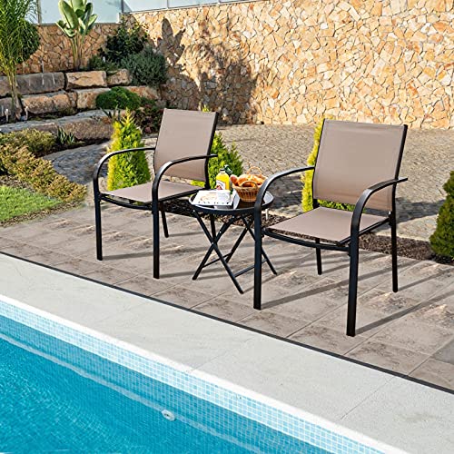 Costway 2 Pieces Outdoor Dining Chairs, Stackable Chairs with Armrests and Breathable Fabric, Patio Bistro Chairs for Garden, Backyard and Poolside