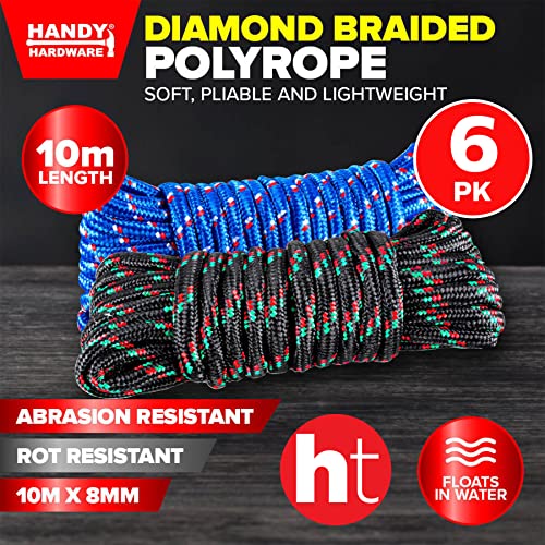 [6PK] Handy Hardware Diamond Braided Polyrope - 8mm x 10m, Durable and Strong, Ideal for Use in Agriculture and Livestock