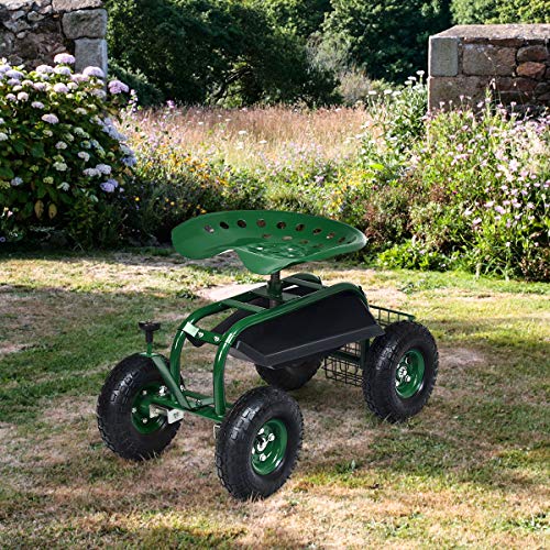 Goplus Garden Cart Gardening Workseat w/Wheels, Patio Wagon Scooter for Planting, Work Seat with Tool Tray and Basket (Knob Handle)