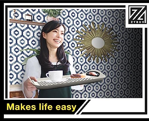 ZYBUX - Set of 2 Anti Slip Food Tray Rectangular Top and Bottom Non Slip Tray Plastic Reusable Trays for Eating Dinner w/High Grip Rubber Surface, Easy Grip Serving Tray with Handles (Black&White)