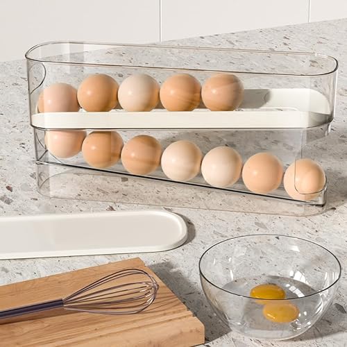 ZeJlo Egg Holder For Refrigerator, Space-Saving Rolling Eggs Dispenser for Refrigerator Storage, Made of Sturdy, Clear PTE Material, Holds 12 Large Eggs