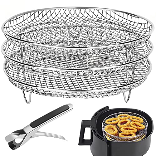 3 PCS Air Fryer Rack, Removable Air Fryer Stacking Rack with Anti-scalding Clip, Stainless Steel Air Fryer Dehydrator Rack Accessories for 4.2Qt, 5.3Qt, 5.5Qt, 5.8Qt, 6.8Qt Air Fryers (01)