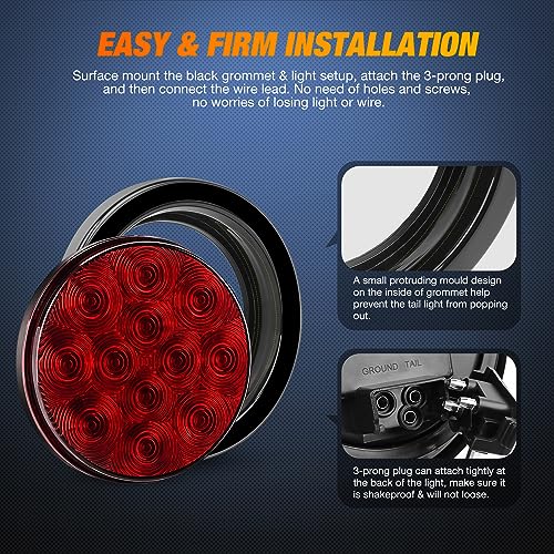 Nilight - TL-18 2PCS 4" Round Red LED Trailer Tail Lights w/Surface Mount Grommet Plugs IP67 Stop Brake Turn Tail Lights for Truck Trailer RV Jeep