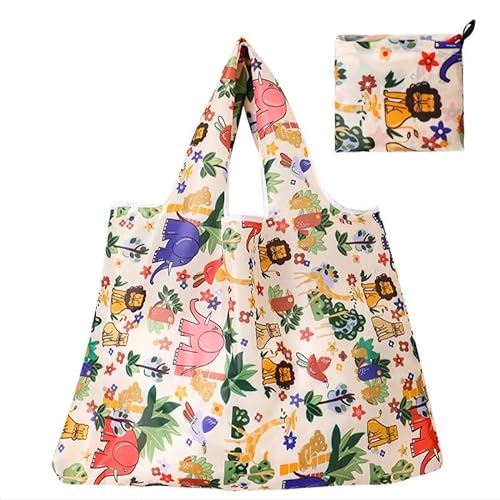 10 Pack Large Cute Animal Pattern Reusable Grocery Shopping Bags Foldable Shopping Bags Grocery Tote with Attached Pouch,Machine Washable Eco-Friendly 46 (width) *40+26cm (Group 2)