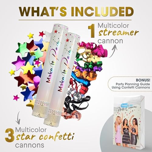 Multicolor Confetti Poppers 4 Pack | Confetti Cannon Party Poppers Confetti Shooter for Events Birthday Celebration | Bulk Streamer Blaster Cannon Star Launcher | Large Prank Package Gun Tube Stick