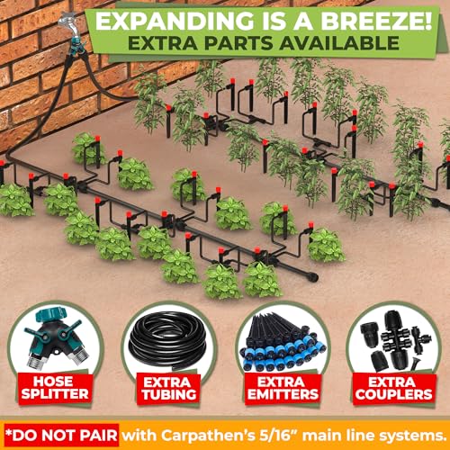 CARPATHEN Drip Irrigation System - Adjustable Quick Connect Irrigation System for Garden, Raised Beds - Complete Garden Watering System Kit - 1/4 Emitters, 1/2" and 1/4" Tubing and Connectors