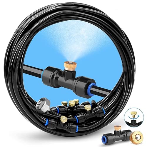 Ausale Misting Cooling System, Irrigation Kit, 50FT/ 15M PE Hose+15 Brass Mist Nozzles+1Brass Adapter(3/4"), Outdoor Mist Hose Kit for Patio Garden Greenhouse Trampoline Sprinkle