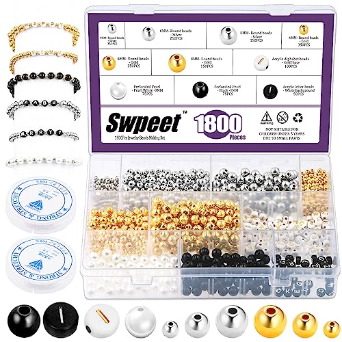 Swpeet 1802Pcs 3 Sizes Jewelry Beads Making Set, 4mm 6mm 8mm Gold Silver Round Spacer Beads, Loose Ball Beads Alphabet Pearls Beads with 2 Rolls Elastic String for DIY Bracelet Craft Jewelry Making