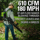Greenworks 80V (180 MPH / 610 CFM / 75+ Compatible Tools) Cordless Brushless Backpack Blower, 2.5Ah Battery and Rapid Charger Included, Green/Black