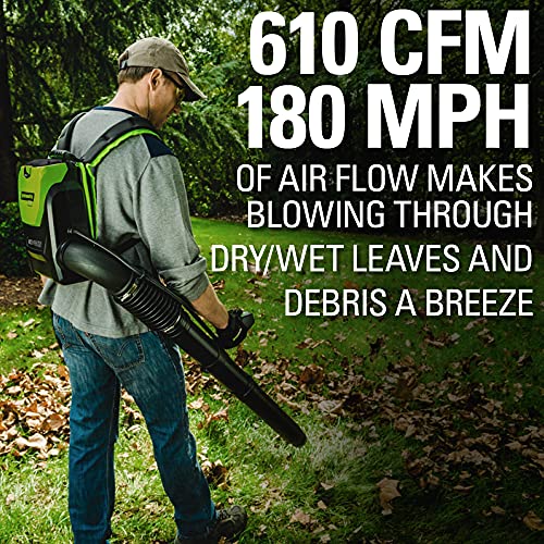 Greenworks 80V (180 MPH / 610 CFM / 75+ Compatible Tools) Cordless Brushless Backpack Blower, 2.5Ah Battery and Rapid Charger Included, Green/Black