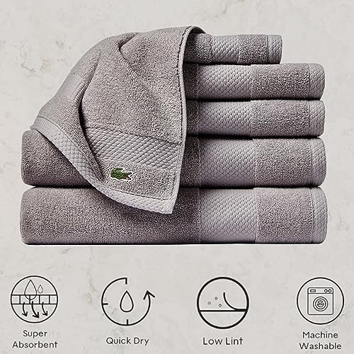 Lacoste Heritage Supima Cotton 6-Piece Towel Set, 2 Bath Towels, 2 Hand Towels, 2 Washcloths, Meteorite
