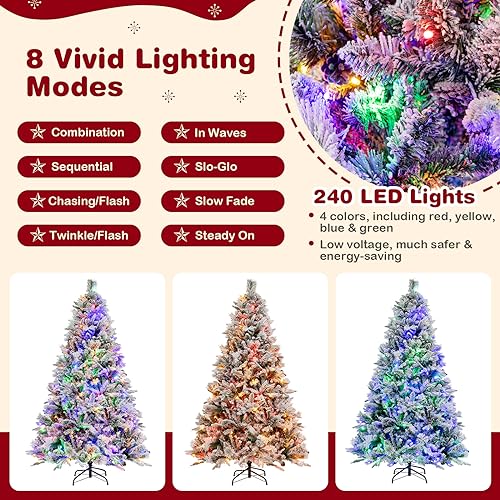 Costway 1.8m Christmas Tree with Pine Needles, Hinged Xmas Tree with 850 PE PVC Branch Tips, 250 LED Lights & 34 Pine Cones, Flocked Decoration Tree, 8 Lighting Modes, Includes a Pair of Gloves