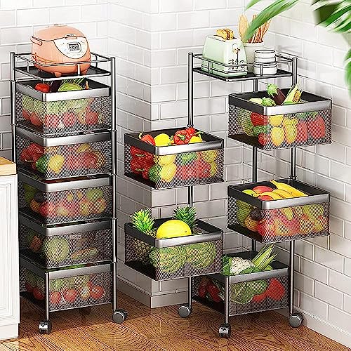 Kitchen Trolley Fruit Vegetable Organiser Holder Rotating Storage Basket Rack with Wheels Metal Rolling Utility Cart (5 Tier)