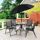 Costway 6 PCS Patio Dining Set Folding Chairs Glass Table Tilt Umbrella Garden (Grey)