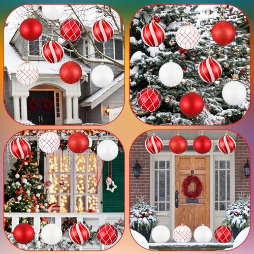 Wettarn Set of 8 Large Christmas Ball Ornaments 6 Inch Glitter Hanging Christmas Plastic Balls Indoor and Outdoor Hanging Christmas Tree Decorations for Lawn Yard Garden Party(Red and White)