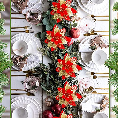 iDopick 16 Pieces Christmas Poinsettia Artificial Christmas Flowers Decorations Glittering with Clips for Xmas Wedding Party Tree Wreath Ornaments Glitter(Red&Gold)