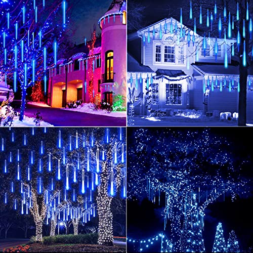 Christmas Lights Solar Powered, Meteor Shower Lights Outdoor, 16 Inches 8 Tube 288 LED Solar Meteor Lights for Tree Wedding Xmas Holiday Party Patio Decoration, Bule