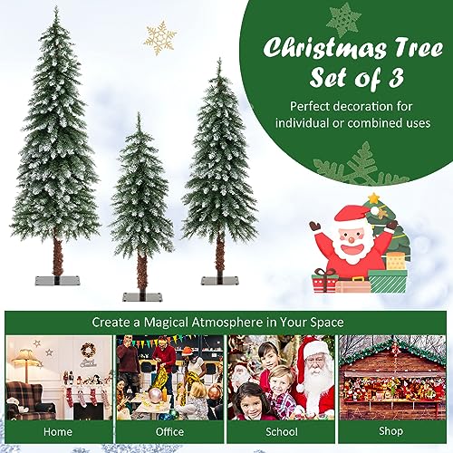 Costway Snowy Christmas Tree Set of 3, Artificial Xmas Tree with 129/231/ 369 PVC Branch Tips & 50/100/ 150 Warm White LED Lights, Pre-Lit Slim Xmas Decoration Tree, 90cm/120cm/150cm