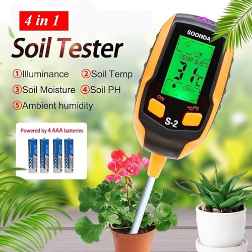 Ausale 4-in-1 Soil Moisture Meter, Soil PH Meter, Digital Plant Temperature, Sunlight Intensity, LCD Display Soil Test Meter for Garden, Farm, Lawn Plants