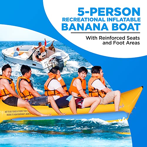 5 Person Recreational Inflatable Banana Boat with Storage Bag, Foot Pump, and Repair Kit, with Reinforced Seats and Foot Areas