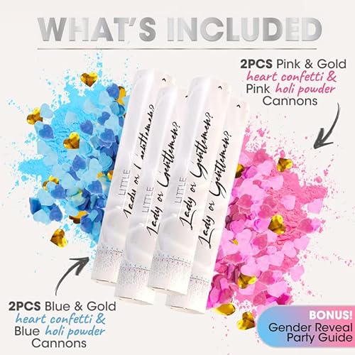 Gender Reveal Confetti Cannon - 4 Pack - Pink and Blue Heart Shape Paper Gender Reveal Cannons and Biodegradable Gender Reveal Smoke Bombs | Gender Reveal Powder Cannon | Gender Reveal Powder Poppers