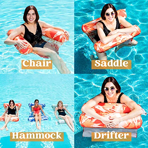 Sloosh 3 Pack 4-in-1 Inflatable Pool Floats Hammock, Water Hammock Lounges, Multi-Purpose Swimming Pool Accessories (Saddle, Lounge Chair, Drifter) for Pool, Lake, Outdoor, Beach (Green/Blue/Orange)