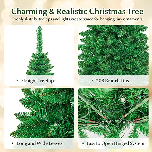 Costway Artificial Pre-lit Christmas Tree, Hinged Fir, Xmas Pencil Tree with Foldable Metal Stand & Superior PVC Leaves, Easy Assembly, Christmas Decoration for Indoor (1.98 M)