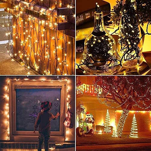 Solar Christmas Lights Outdoor 100 LED 12M/39ft 8 Modes Solar Powered Xmas Outdoor Lights Waterproof Starry Christmas Fairy Lights for Indoor Gardens Homes Wedding Holiday Party (Warm White)