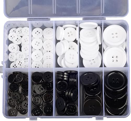 Round Sewing Buttons 160Pcs with Storage Box, Black White Mixed 4-Hole Craft Buttons, 5 Sizes Resin Button, Shirt Clothing Buttons, Suitable for Variety Clothing Sewing, Pillow Cases Sewing