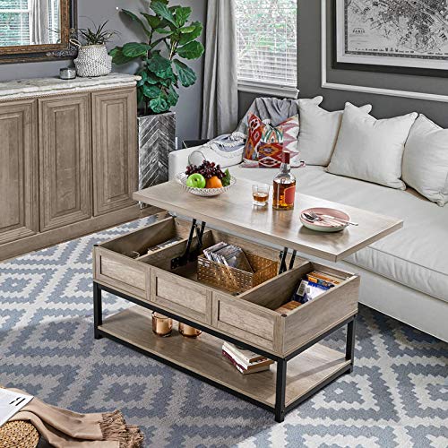 Yaheetech Lift Top Coffee Table with Hidden Compartments & Open Shelf, Tabletop Metal Frame Cocktail Table, Rising Center/Acent Table for Living Room Reception, 18-23inch H, Gray