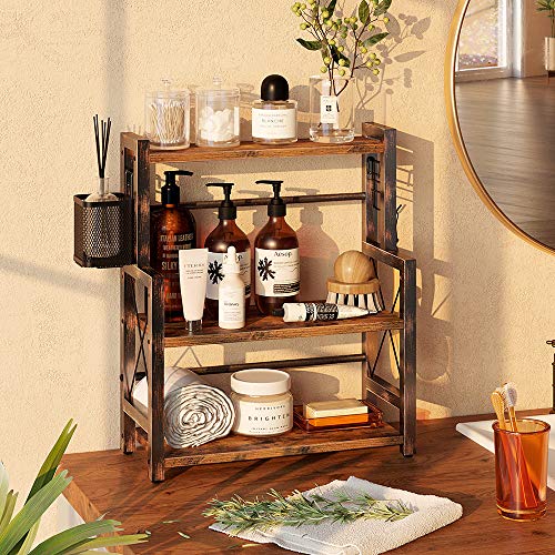 Rolanstar Spice Rack Organizer with Wire Basket, 3-Tier Kitchen Shelf Organizer Rack 16.9", Wooden Spice Organizer with 2 Hooks, Countertop Bathroom Storage Shelf, Seasoning Rack Rustic