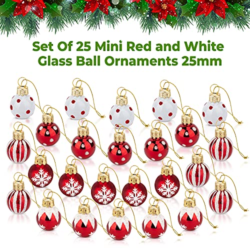 1 Inch Mini Red & White Peppermint Glass Ball Christmas Ornaments Set of 25 Balls | Miniature Christmas Tree Ornaments | Rustic Christmas Decorations | Mini Christmas Tree Decorations for Small Trees