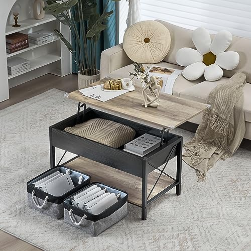 VINGLI 36" Lift Top Coffee Table with Free Cloth Storage Bins, Rustic Framhouse Grey Coffee Table for Living Room, Small Modern Coffee Table for Small Space in Minimalistic Style, Gray