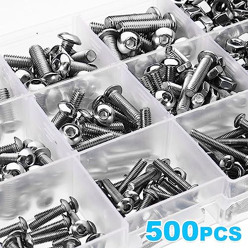 POATOW M3 M4 M5 500pc 304 Stainless Steel Hex Socket Button Head Bolts Screws Nuts Kit - Allen Hex Drives - Button Head Cap Screws- Storage Box