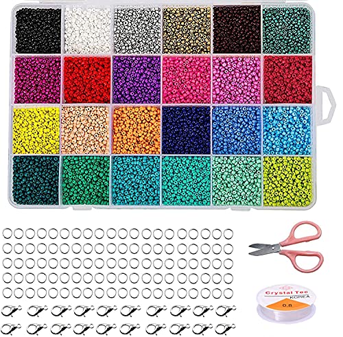 14400 Pieces Pony Seed Beads, BetterJonny 3mm Glass Seed Beads Bracelet Beads Small Rainbow Beads with Lobster Clasps, Open Jump Rings and String for Jewelry Bracelets Necklace Making