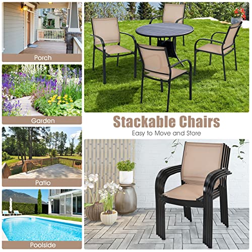 Costway 2 Pieces Outdoor Dining Chairs, Stackable Chairs with Armrests and Breathable Fabric, Patio Bistro Chairs for Garden, Backyard and Poolside