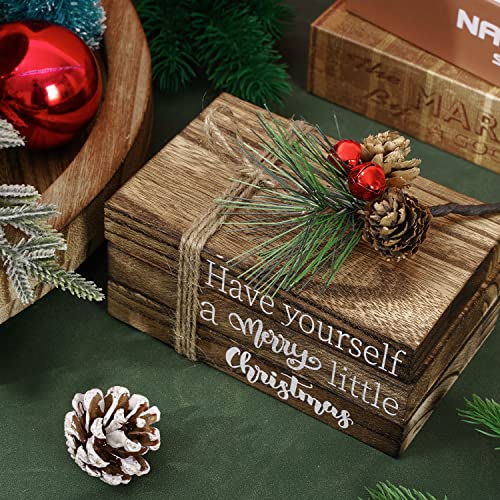 Whaline Christmas Wooden Tiered Tray Decor Merry Christmas Faux Decorative Stacked Books Bundle Wooden Block Sign with Berries for Xmas Farmhouse Rustic Decor Kitchen Home Table Decoration