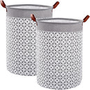 [2 Pack] Large Laundry Hamper Basket, 63L Freestanding Waterproof Clothes Basket, Collapsible Round Bohemia Storage Organizer with Leather Handles for Dirty Clothes, Home Storage (Grey)