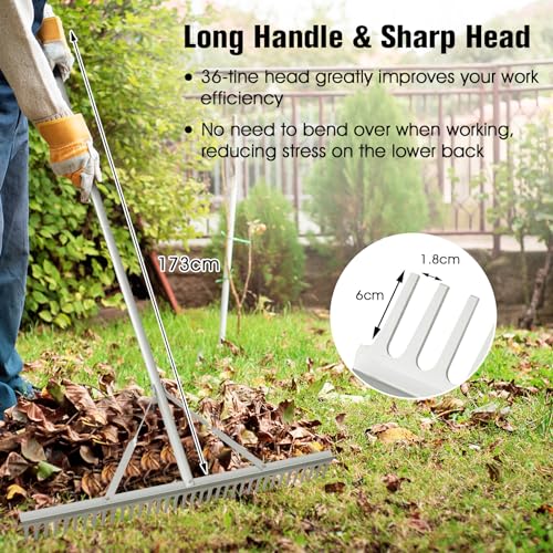 Goplus Landscape Rake 36 Inch, Aluminum Rake Head w/36 Tines and 68" Long Non-slip Handle, Yard Rake Tool for Loosening & Leveling Soil, Landscaping Rake Beach Garden Pond Lawn Care, Collecting Leaves