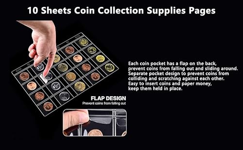 200 Pockets Coins Collecting Album & 30 Sleeves Paper Money Display Storage Case,Coin Collection Book Holder for Coin Currency Collection Supplies, Bill, Pennies, Quarters, Stamp