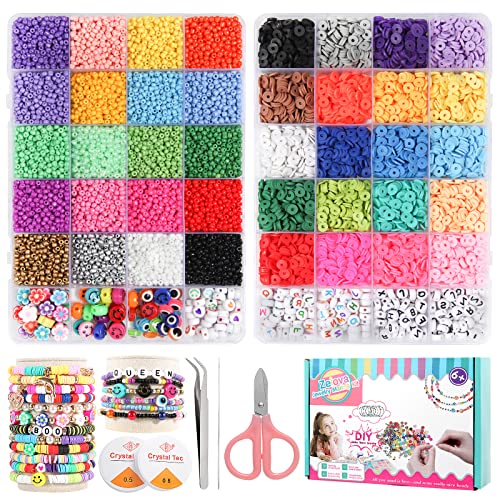 14600 Bracelets Making Kit Include Clay Beads and 3mm Glass Seed Beads DIY Set Preppy Polymer Heishi Beads for Jewelry Making with Smiley Face Letter Beads Etc, DIY Art Craft Kit for Girls Toy Gifts