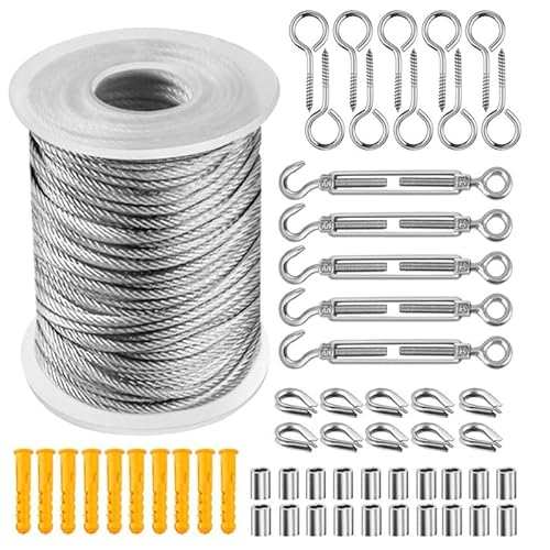 Wire Rope Kit, Stainless Steel Wire Rope Coated Cable,Garden Wire for Climbing Plants,Vine Eyes,Wire Rope Clip,for Outdoor Hanging Kit,Cable Railing Kit (30M)